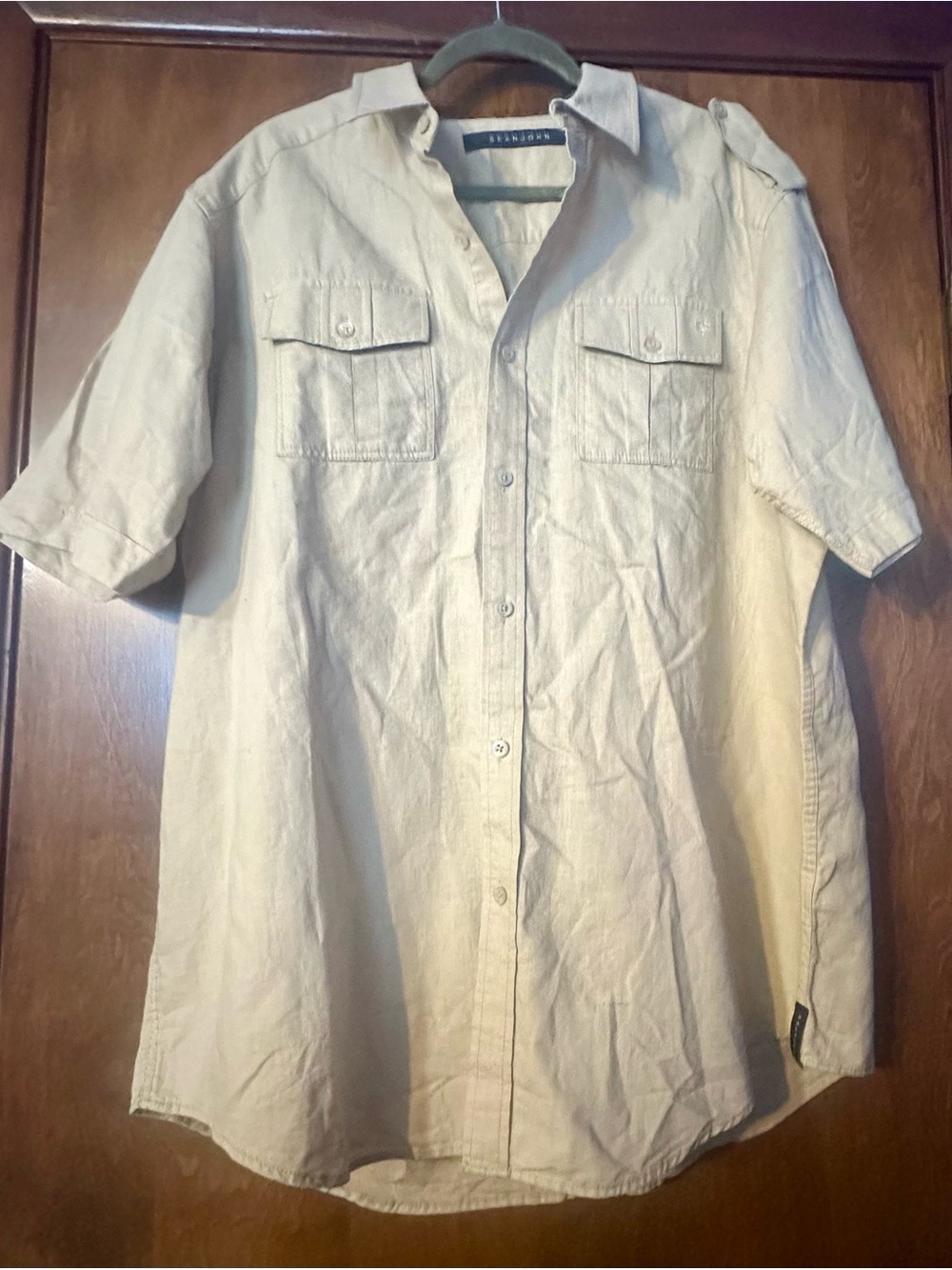 Sean John Short-Sleeve Button-Down Shirt Light Beige Linen Blend